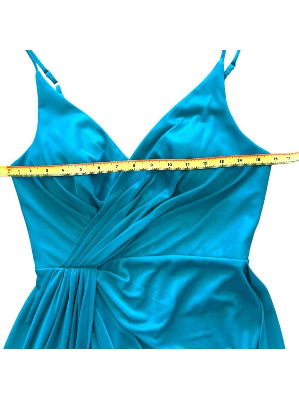 Azazie Size A6 Teal Turquoise Draped V-Neck Formal Gown - Picture 8 of 10